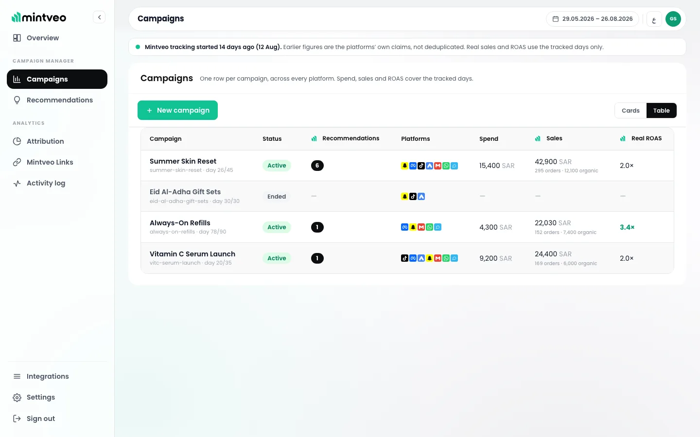 Mintveo campaigns: one row per campaign across every platform, with spend, sales and real ROAS